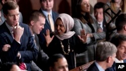 FILE - Rep. Ilhan Omar arrives before NATO Secretary General Jens Stoltenberg addresses a Joint Meeting of Congress on Capitol Hill in Washington, Wednesday, April 3, 2019.