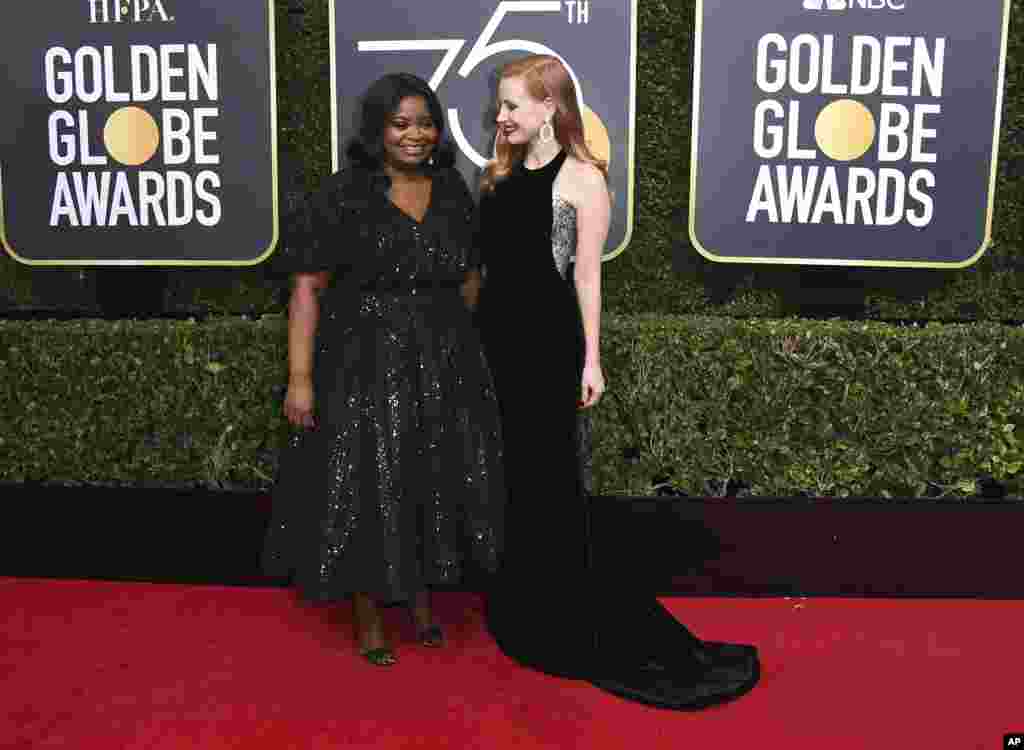 Octavia Spencer, left, and Jessica Chastain arrive at the 75th annual Golden Globe Awards at the Beverly Hilton Hotel on Sunday, Jan. 7, 2018, in Beverly Hills, Calif. (Photo by Jordan Strauss/Invision/AP)