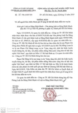 Thông báo của Cơ quan An ninh điều tra – Công an TP. Hồ Chí Minh ký ngày 16/12 về việc bào chữa cho nhà báo Phạm Chí Dũng, Photo Facebook Đặng Đình Mạnh.