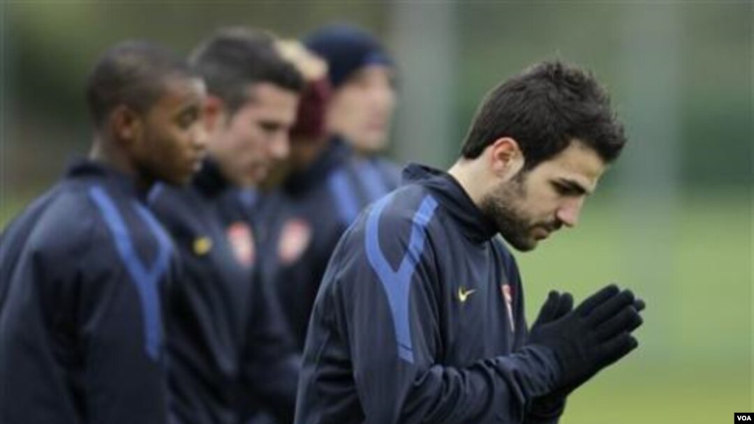 Kapten Arsenal Cesc Fabregas, kanan, ikut sesi latihan di London Colney, Inggris, hari Selasa (15/2) menjelang pertandingan leg pertama putaran 16 besar Liga Champions melawan FC Barcelona di London pekan lalu. Ia akan absen membela klubnya di final Piala