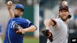 Los abridores del juego uno serán James Shields por los Reales (izquierda) y Madison Bumgarner por los gigantes.