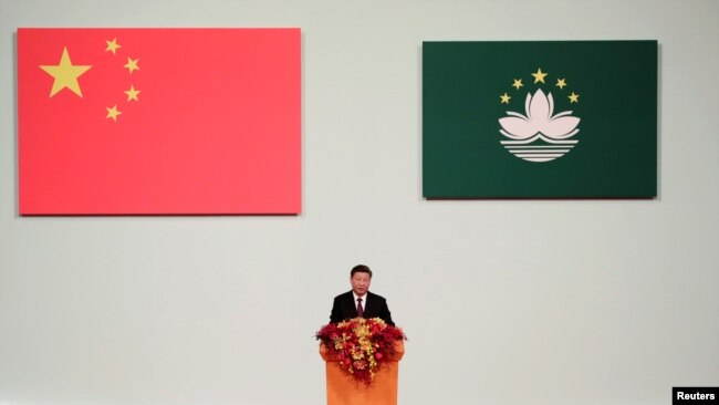 中国国家主席习近平在澳门为新任澳门行政长官贺一诚的就职仪式上讲话。（2019年12月20日）