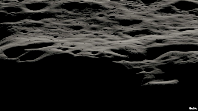 This data visualization shows the mountainous area west of Nobile Crater and the smaller craters that litter its rim at the lunar South Pole. The terrain in the Nobile region is most suitable for the VIPER rover to navigate, communicate, and characterize