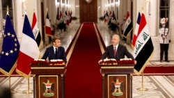 Presidenti i Irakut Barham Salih flet gjatë konferencës për shtyp me Presidentin francez Emmanuel Macron