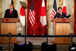 El primer ministro de Japón, Shinzo Abe, y el presidente Donald Trump, ofrecieron una rueda de prensa el lunes 27 de mayo de 2019 en Tokio.