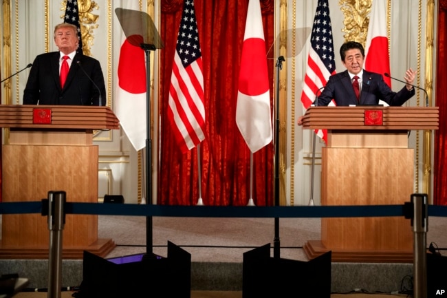 Japanese Prime Minister Shinzo Abe speaks during a news conference with President Donald Trump, at Akasaka Palace, Monday, May 27, 2019, in Tokyo.