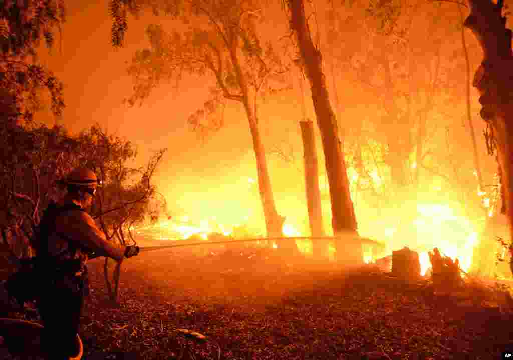 A firefighter knocks down flames as they approach a ranch near the Las Flores Canyon area west of Goleta, California, in the early morning hours of June 16, 2016. The wildfire burning in rugged coastal canyons west of Santa Barbara is growing as it feeds on vegetation that hasn&#39;t burned in 70 years.