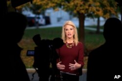 Counselor to President Donald Trump Kellyanne Conway is interviewed on television at the White House's North Lawn in Washington, Nov. 7, 2018.