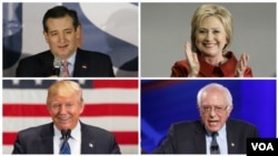 4 kandida a la prezidans Ozetazini (sòti anlè, agoch, ale nan sans zegui yon mont): Ted Cruz (R), Hillary Clinton (D), Bernie Sanders (D) ak Donald Trump (R).