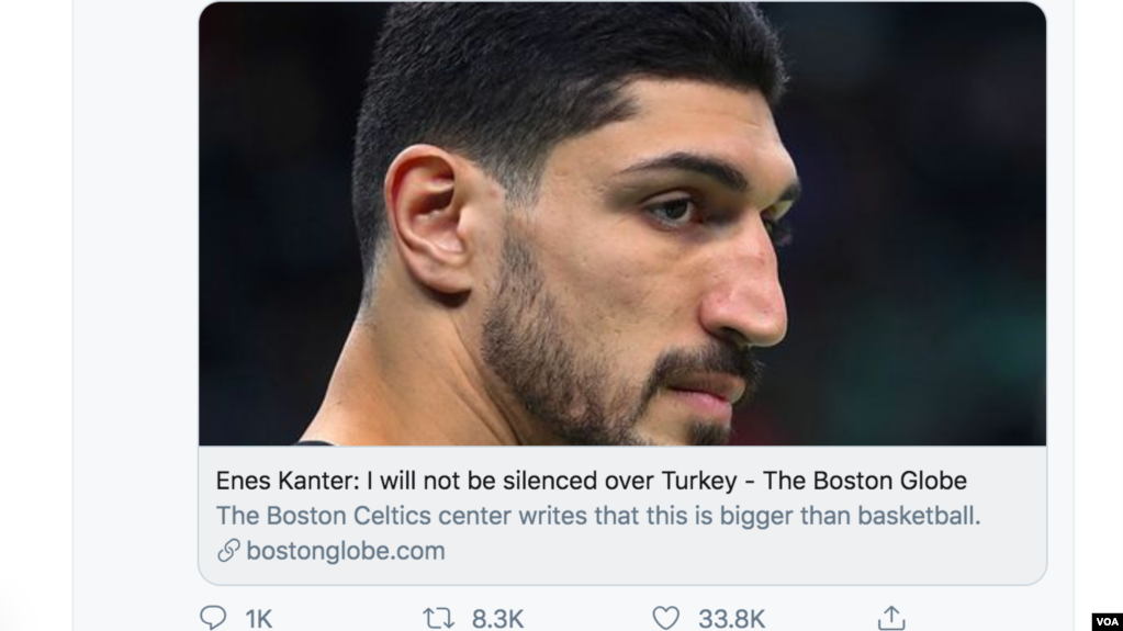 NBA球员埃内斯·坎特的推文在互联网上引发巨大反响