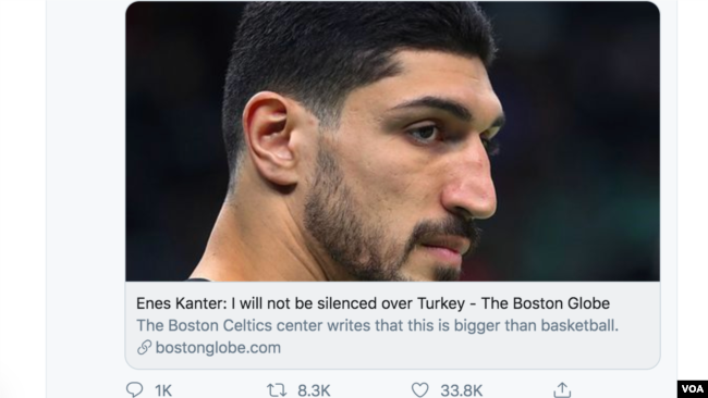 NBA球员埃内斯·坎特的推文在互联网上引发巨大反响