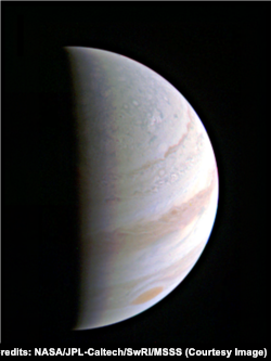 Jupiter as seen from NASA's Juno spacecraft as it approaches the giant planet.