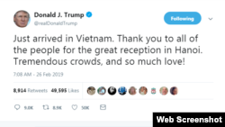 TT Trump viết trên Twitter cảm ơn người dân Việt Nam ngay sau khi ông đặt chân đến Hà Nội hôm 26/2/2019.