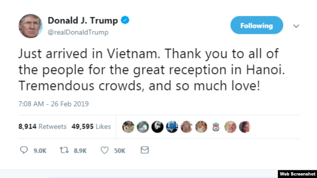 TT Trump viết trên Twitter cảm ơn người dân Việt Nam ngay sau khi ông đặt chân đến Hà Nội hôm 26/2/2019.