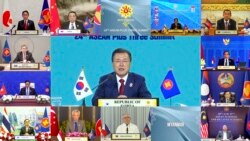 In this image released by Brunei ASEAN Summit, South Korean President Moon Jae-in speaks in a virtual meeting of ASEAN-Plus Three Summit on the sidelines of the Association of Southeast Asian Nations (ASEAN) summit with the leaders, Oct. 27, 2021.