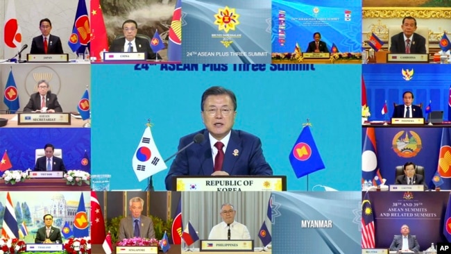 In this image released by Brunei ASEAN Summit, South Korean President Moon Jae-in speaks in a virtual meeting of ASEAN-Plus Three Summit on the sidelines of the Association of Southeast Asian Nations (ASEAN) summit with the leaders, Oct. 27, 2021.