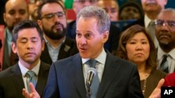 FILE - In this April 3, 2018 file photo, New York Attorney General Eric Schneiderman speaks during a news conference in New York.