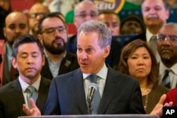 FILE - New York Attorney General Eric Schneiderman speaks during a news conference in New York, April 3, 2018.