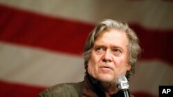 Former White House strategist Steve Bannon U.S. speaks during a Senate hopeful Roy Moore campaign rally, Dec. 5, 2017, in Fairhope Ala.