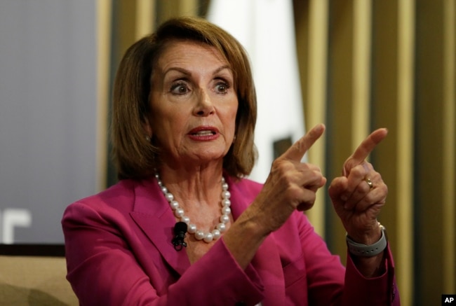 House Minority Leader Nancy Pelosi gestures while speaking at the Public Policy Institute of California, Aug. 22, 2018, in San Francisco.