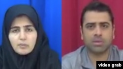 Iranian labor rights activists Sepideh Gholian and Esmail Bakhshi appear in a screen shot of an Islamic Republic of Iran Broadcasting documentary “Tarahi Soukhteh” (A Burnt Plot), broadcast Jan. 19, 2019.