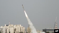 A rocket is launched from the Israeli anti-missile system known as Iron Dome, March 12, 2012. (AP)