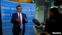 Director-General of the World Health Organization, Dr. Tedros Adhanom Ghebreyesus briefs the media on the Ebola outbreak at their headquarters in Geneva, Switzerland, May 14, 2018.