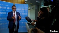 Director-General of the World Health Organization, Dr. Tedros Adhanom Ghebreyesus briefs the media on the Ebola outbreak at their headquarters in Geneva, Switzerland, May 14, 2018.