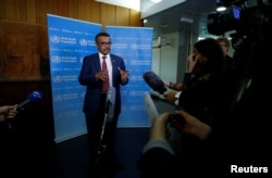 Tedros Adhanom Ghebreyesus, Directeur général de l'Organisation mondiale de la Santé, informe les médias sur l'épidémie d'Ebola au siège de l'OMS à Genève, en Suisse, le 14 mai 2018.