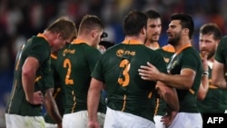 Des joueurs sud-africains de rugby lors d'un match entre l'Afrique du Sud et le Japon, Kumagaya, le 6 septembre 2019.