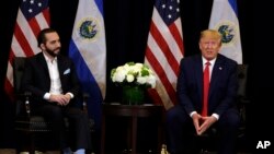 El presidente Donald Trump se reúne con el presidente Nayib Bukele de El Salvador en el hotel InterContinental Barclay New York durante la Asamblea General de las Naciones Unidas, el miércoles 25 de septiembre de 2019, en Nueva York. 