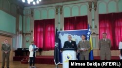 Bosnia and Herzegovina: Chairman of the NATO Military Committee Rob Bauer (behind the podium), Sarajevo during his visit to Bosnia and Herzegovina, Sarajevo, July 19, 2022