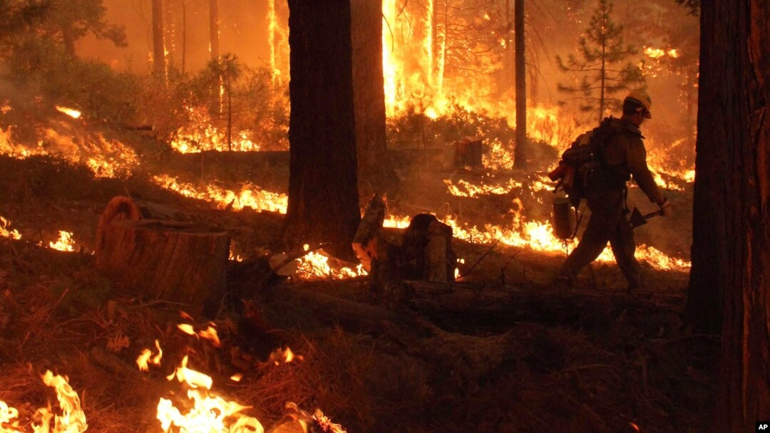 Bomberos combaten las llamas cerca del parque nacional de Yosemite, en California.