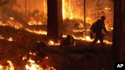 Bomberos combaten las llamas cerca del parque nacional de Yosemite, en California.