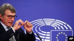 European Parliament President David Sassoli talks during a news conference following the recovery financial plan deal at the EU leaders summit, at the European Parliament in Brussels, July 22, 2020.