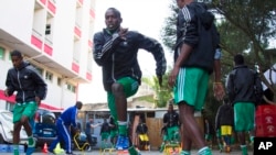 The Somali soccer team train in Addis Ababa, Ethiopia, Oct. 7, 2015 for the first leg of a World Cup qualifier against Niger.