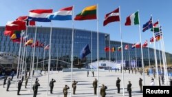 FILE - Flags of NATO member countries fly at the new NATO headquarters in Brussels, Belgium.