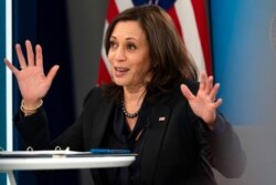 Vice President Kamala Harris&nbsp;attends a virtual meeting where she spoke about the signing of the American Rescue Plan, March 11, 2021, in the South Court Auditorium on the White House Complex in Washington.