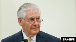 MYANMAR -- US Secretary of State Rex Tillerson speaks to the media during a joint press conference with Myanmar State Counsellor Aung San Suu Kyi (not pictured) after their meeting at the Ministry of Foreign Affairs in Naypyitaw, Myanmar, 15 November 2017