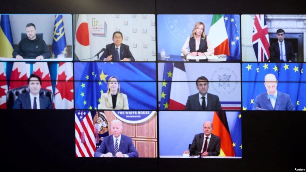 G7领导人和乌克兰总统泽连斯基2023年12月6日举行虚拟会议。(photo:VOA)