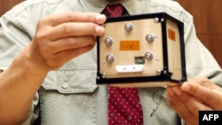 FILE - This file photo taken on May 28, 2024 shows Takao Doi, an astronaut and special professor at Kyoto University, holding the world's first wooden satellite, named LignoSat, during a press conference at the university's campus in Kyoto.