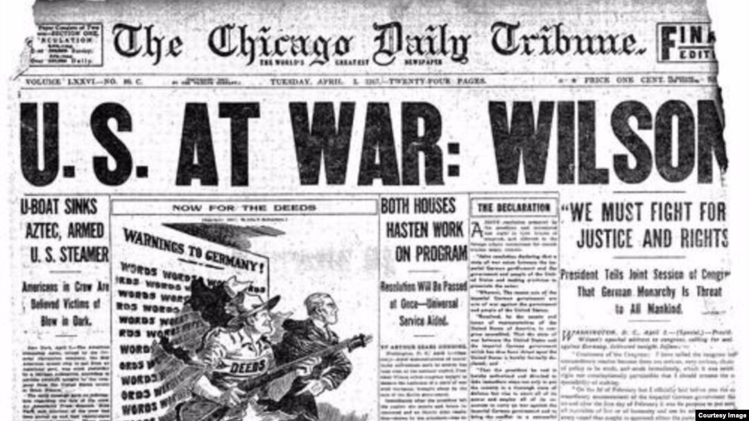 Archival cover of The Chicago Tribune, dated April 6, 1917, the day America declared war on Germany (courtesy of the Chicago Tribune)