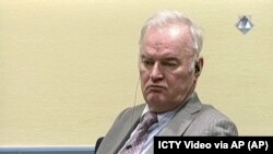 Mantan panglima militer Serbia Bosnia Jenderal Ratko Mladic di ruang sidang Pengadilan Kriminal Internasional untuk Bekas Yugoslavia di Den Haag Belanda, 7 Desember 2016. (ICTY Video via AP)
