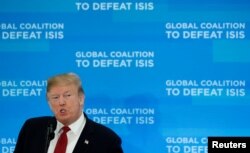 U.S. President Donald Trump addresses a gathering of foreign ministers aligned toward the defeat of Islamic State at the State Department in Washington, Feb. 6, 2019.