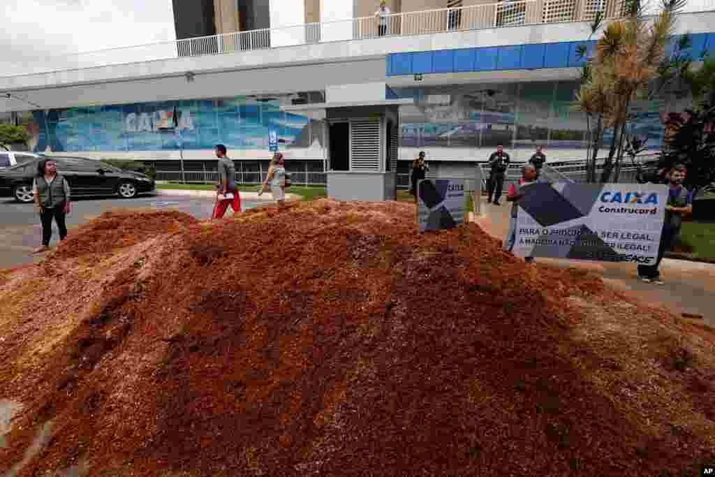 Greenpeace activists dumped a load of sawdust in front of the Caixa Economica Federal Bank headquarters, to protest illegal logging, in Brasilia, Brazil. Greenpeace accuses the bank of financing illegal logging activities in the Amazon.