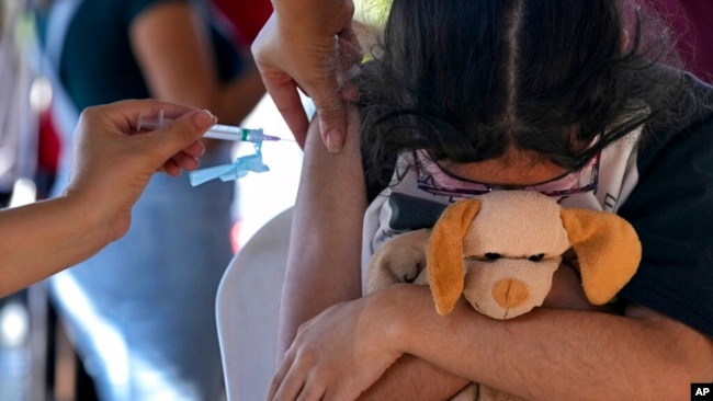 Një vajzë përqafon lodrën e saj prej pellushi ndërsa merr një vaksinë Pfizer kundër COVID-19 në një qendër shëndetësore komunitare, në Brasilia, Brazil, 16 janar 2022. Brasilia filloi vaksinimin kundër COVID-19 të fëmijëve të moshës 5-11 vjeç. (AP Photo/Eraldo Peres)