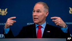 Environmental Protection Agency Administrator Scott Pruitt speaks at a news conference at EPA offices in Washington, April 3, 2018. 