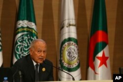 Arab League Secretary-General Ahmed Aboul Gheit speaks during the closing ceremony of the Arab League summit, in Algiers, Algeria, Nov. 2, 2022.