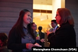 Ohio's state senator Tina Maharath, the first Asian-American woman elected to the Ohio Senate, talked with another woman at an event in Columbus, OH.