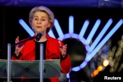 FILE - European Commission President Ursula von der Leyen speaks in Brussels, Belgium, Dec. 2, 2021.